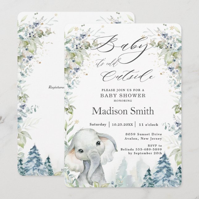 Invitación Elefante de moda invierno alpino Baby Shower Neutr (Anverso / Reverso)