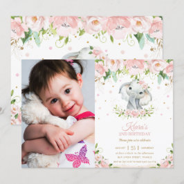 Invitación Elefante de moda Rubor Floral rosa 1er cumpleaños 