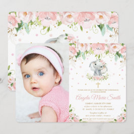 Invitación Elefante de moda Rubor Foto de bautismo con flores