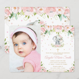 Invitación Elefante de moda Rubor Foto de bautismo con flores