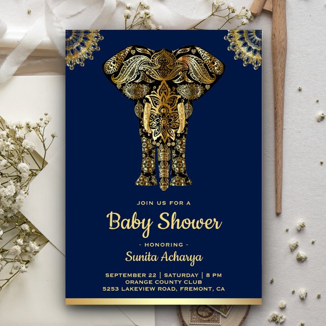 Invitación Elefante de oro azul Baby Shower indio (Subido por el creador)
