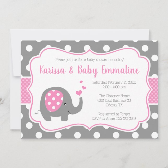 Invitación Elefante de Punto Polka Rosa y Gris Baby Shower (Anverso)
