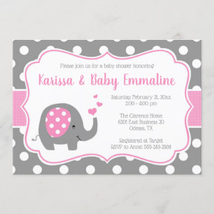 Invitación Elefante de Punto Polka Rosa y Gris Baby Shower