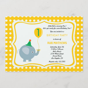Invitación Elefante del bebé con el fondo amarillo del lunar