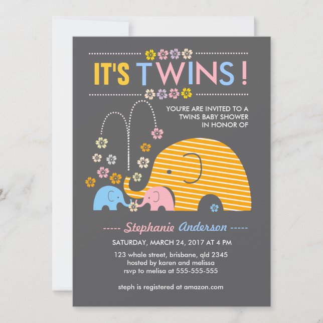 Invitación Elefante del bebé de los gemelos del personalizado (Anverso)