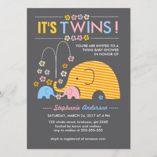 Invitación Elefante del bebé de los gemelos del personalizado