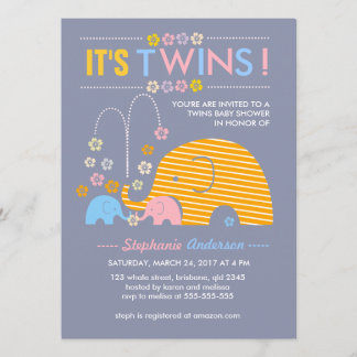Invitación Elefante del bebé de los gemelos del personalizado