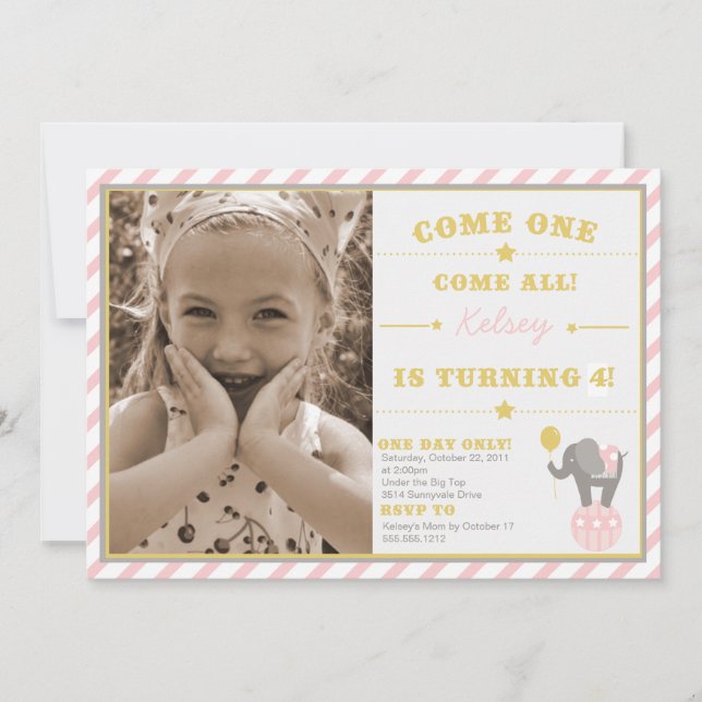 Invitación Elefante del circo del vintage - 4to cumpleaños (Anverso)