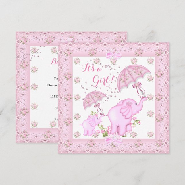 Invitación Elefante del paraguas rosa Chica Baby Shower de la (Anverso / Reverso)