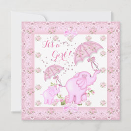 Invitación Elefante del paraguas rosa Chica Baby Shower de la