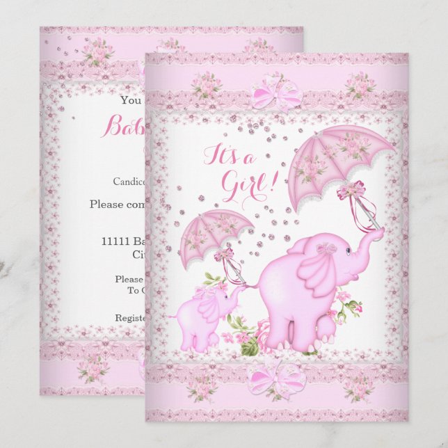 Invitación Elefante del paraguas rosado Chica de Baby Shower  (Anverso / Reverso)