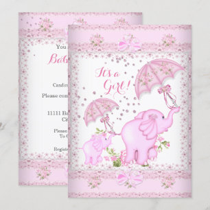 Invitación Elefante del paraguas rosado Chica de Baby Shower 