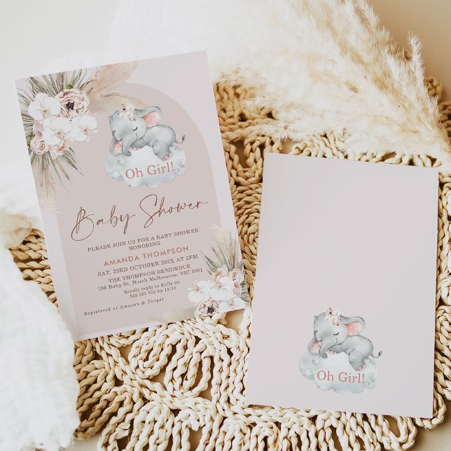 Invitación Elefante dormido Floral Boho Arch Baby Shower (Girls sleeping elephant boho blush floral arch baby shower invitation modern bohemian floral)