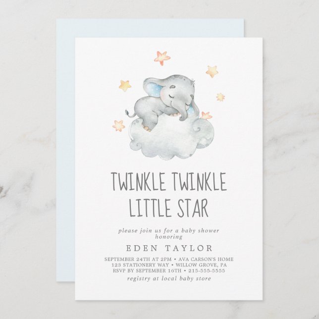 Invitación Elefante Dormido Niño Twinkle Twinkle Estrella Peq (Anverso / Reverso)