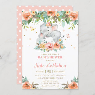 Invitación Elefante dormido Peach Pink Floral Baby Shower