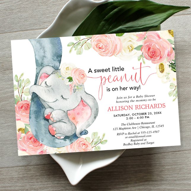 Invitación Elefante ducha de bebé chica crema rosa floral (Subido por el creador)