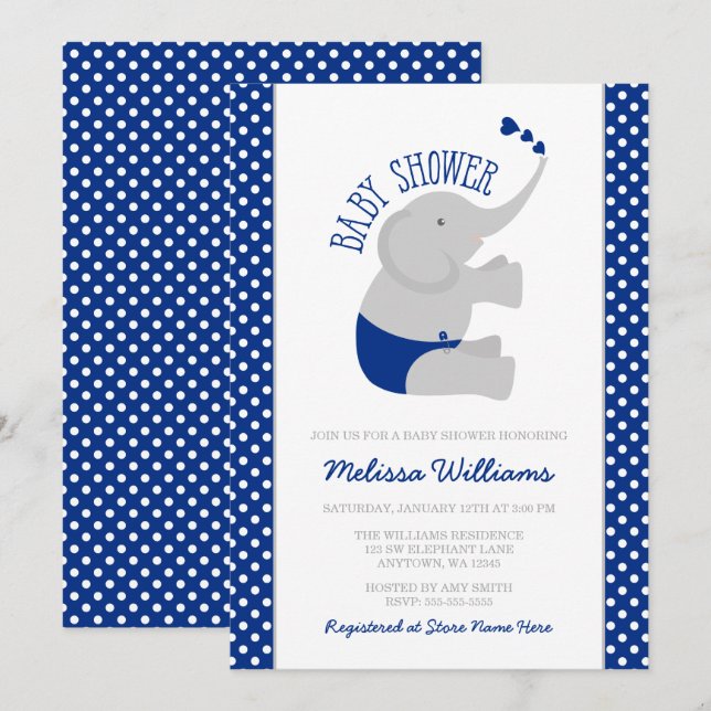 Invitación Elefante dulce Baby Shower del gris de azules (Anverso / Reverso)