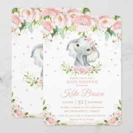 Invitación Elefante dulce Rubor Pink Floral Gold Baby Shower