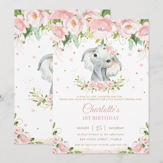 Invitación Elefante dulce Rubor Pink Floral Gold Primer cumpl (Anverso / Reverso)
