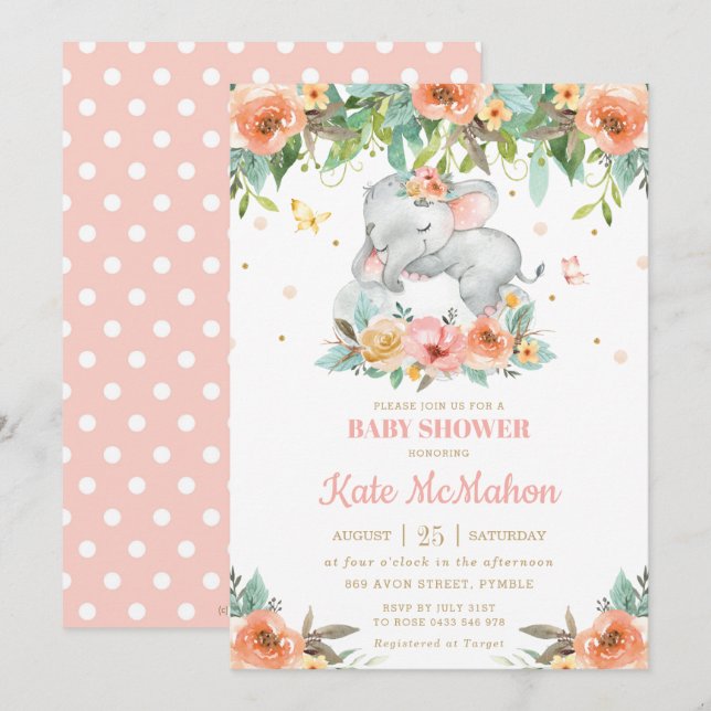 Invitación Elefante durmiente Baby Shower color rosa (Anverso / Reverso)