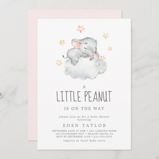 Invitación Elefante durmiente Chica Pequeño Maní Baby Shower (Anverso / Reverso)