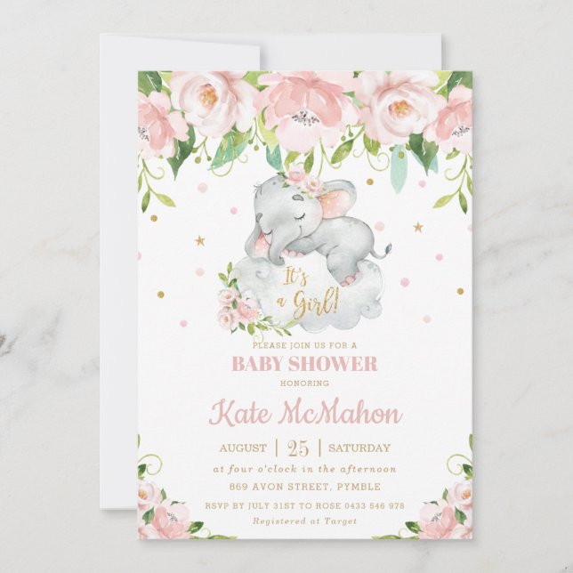 Invitación Elefante durmiente Rubor Pink Floral Baby Shower (Anverso)