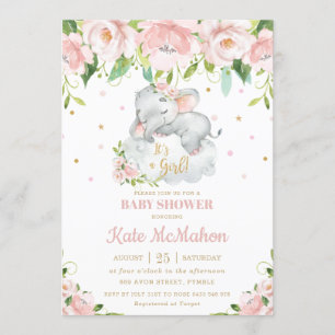 Invitación Elefante durmiente Rubor Pink Floral Baby Shower
