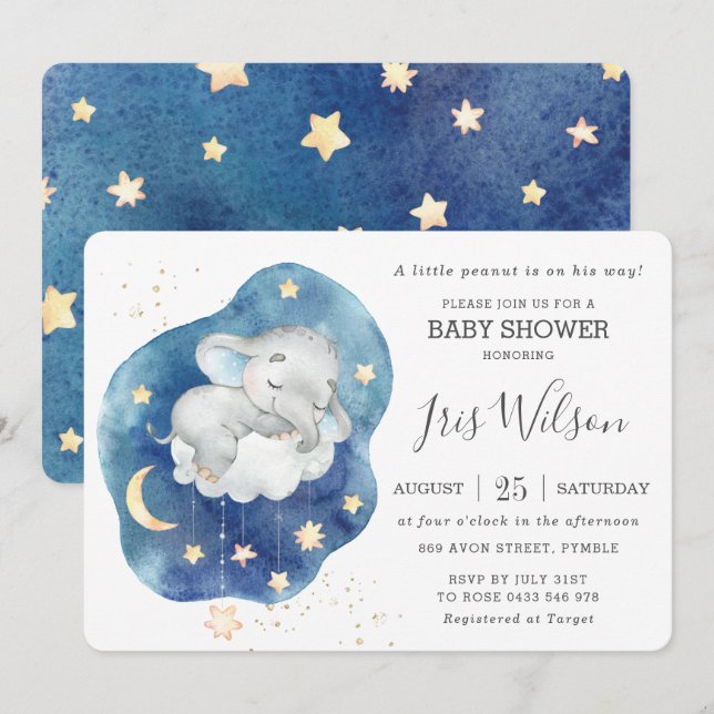 Invitación Elefante elefante suave Twinkle Star Baby Shower B (Anverso / Reverso)