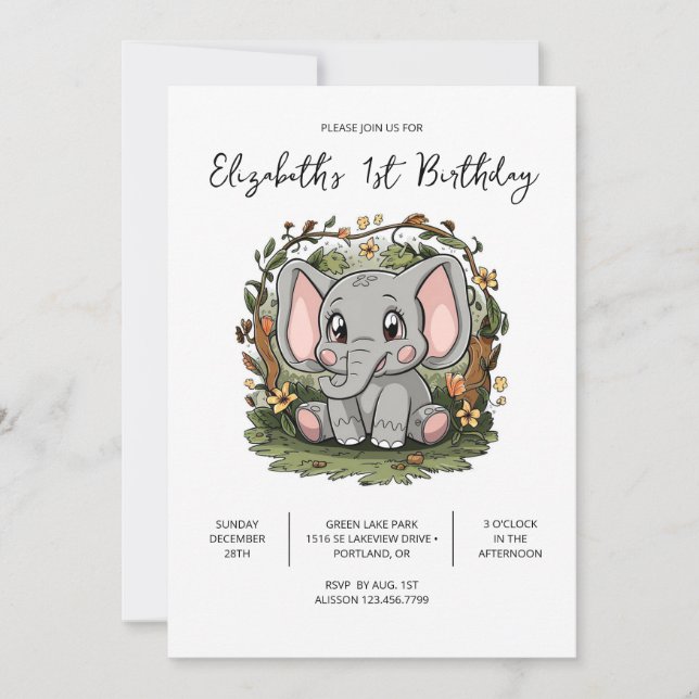 Invitación Elefante Elegante Cumpleaños 1 Digital (Anverso)