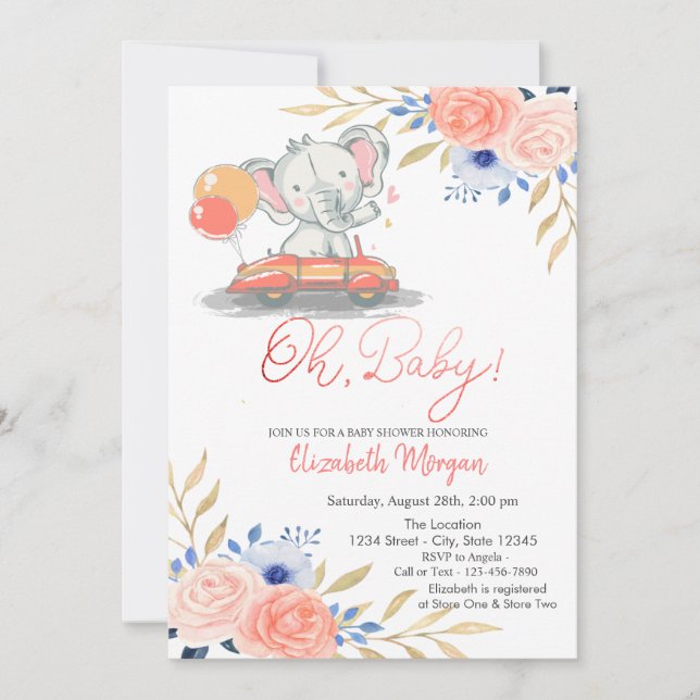 Invitación Elefante En Auto, Baby Shower Floral De Globos (Anverso)