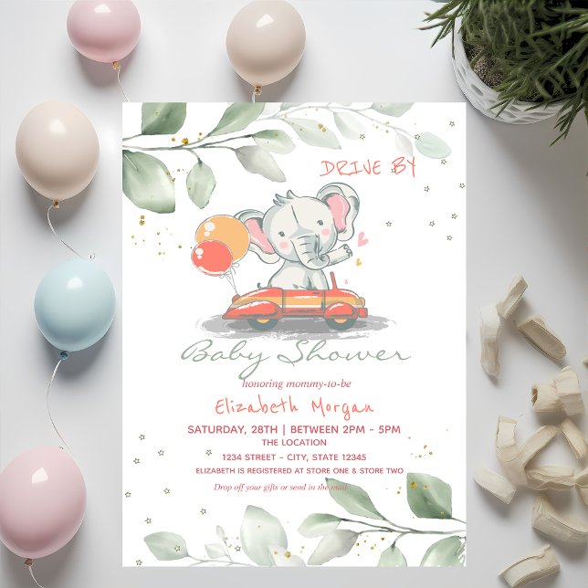 Invitación Elefante En Auto Floral De Baby Shower (Subido por el creador)