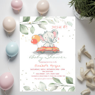 Invitación Elefante En Coche Floral Desfile De Bebé