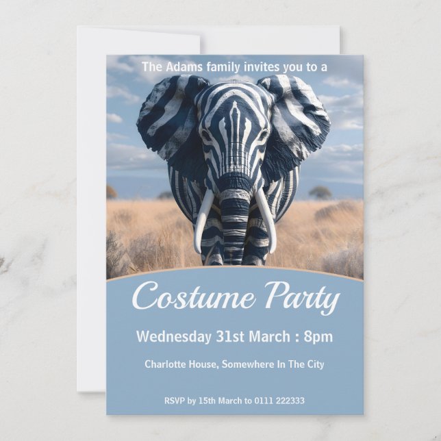 Invitación Elefante En Fiesta De Disfraces De Zebra (Anverso)