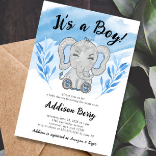 Invitación Elefante es un Baby Shower azul de niño