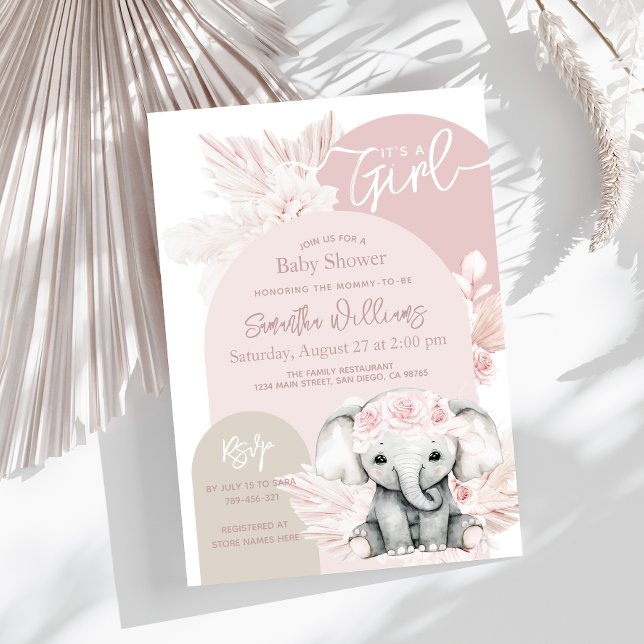 Invitación Elefante es un Chica Boho Floral Rosa Baby Shower (Subido por el creador)