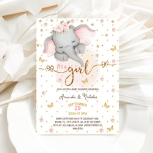 Invitación Elefante Es un chica Soft Pink Boho Baby Shower
