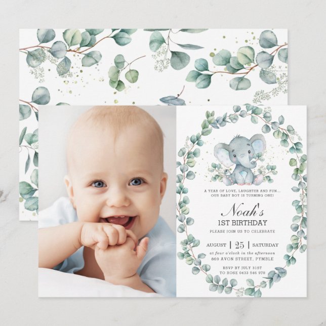 Invitación Elefante Eucalyptus Greenery Boy Fotos de cumpleañ (Anverso / Reverso)