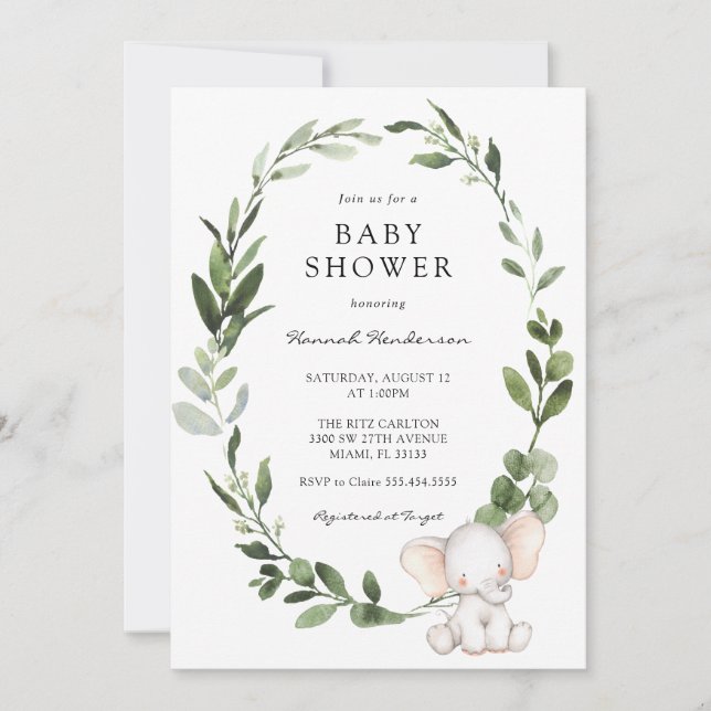 Invitación Elefante Eucalyptus Wreath Baby Shower (Anverso)
