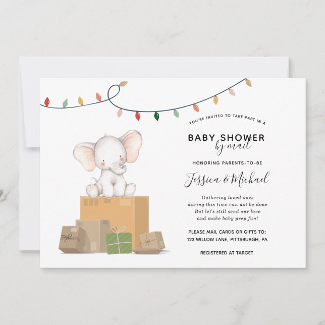 Invitación Elefante festivo Baby Shower por correo (Anverso)