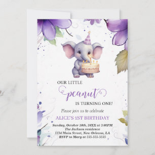 Invitación Elefante, Flor color morado, primer cumpleaños