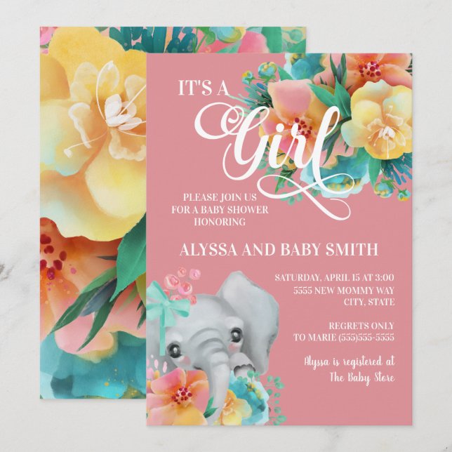 Invitación Elefante floral amarillo rosa Verde azulado niña d (Anverso / Reverso)