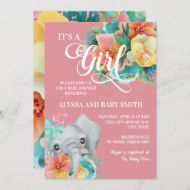 Invitación Elefante floral amarillo rosa Verde azulado niña d