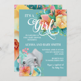 Invitación Elefante floral amarillo rosado verde azulado niña