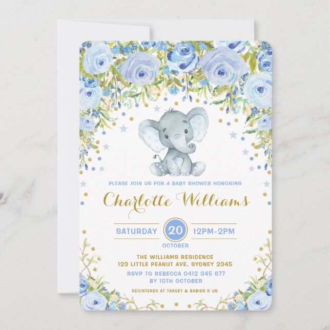 Invitación Elefante Floral Azul Boho invita a niño Baby Showe (Anverso)