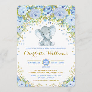 Invitación Elefante Floral Azul Boho invita a niño Baby Showe
