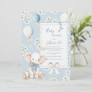 Invitación Elefante Floral Azul con Globos Elegante Bebé