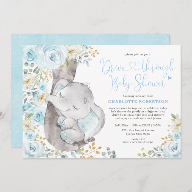 Invitación Elefante Floral Azul Dulce De Baby Shower (Anverso / Reverso)