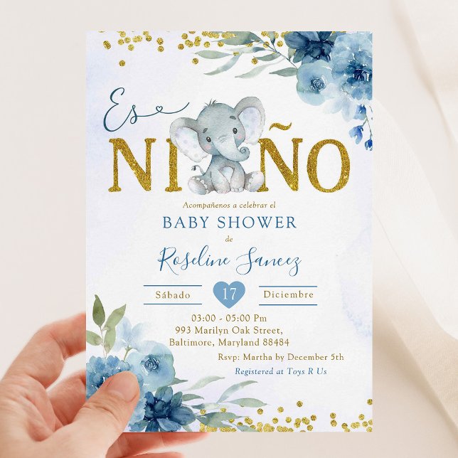 Invitación Elefante floral azul Es niñ o Boy Baby Shower (Subido por el creador)