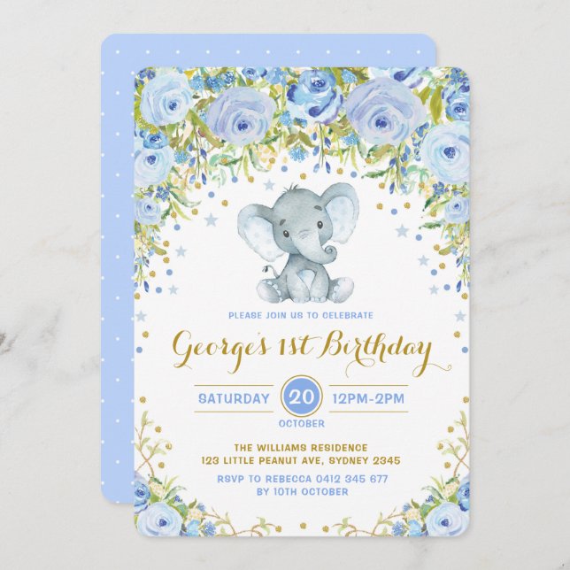 Invitación Elefante Floral Azul Fiesta de primer cumpleaños (Anverso / Reverso)