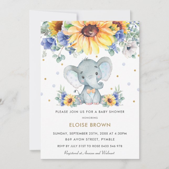 Invitación Elefante Floral Azul giratoria Baby Shower (Anverso)